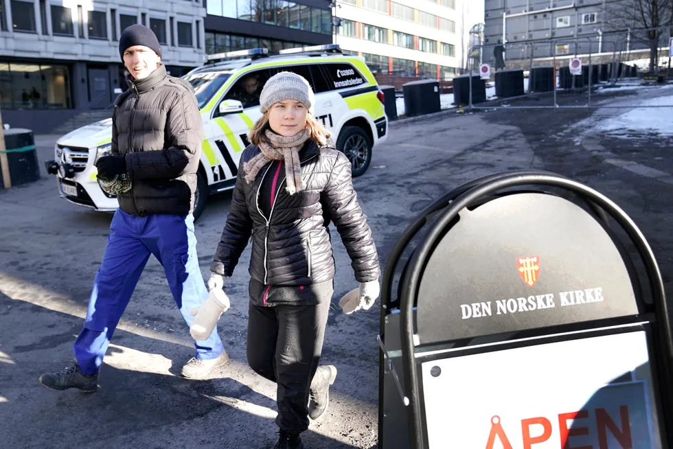 Protest: climate activist Greta Thunberg outside the Norwegian Ministry of Oil & Energy, where protests were held against giant wind turbines on indigenous land.