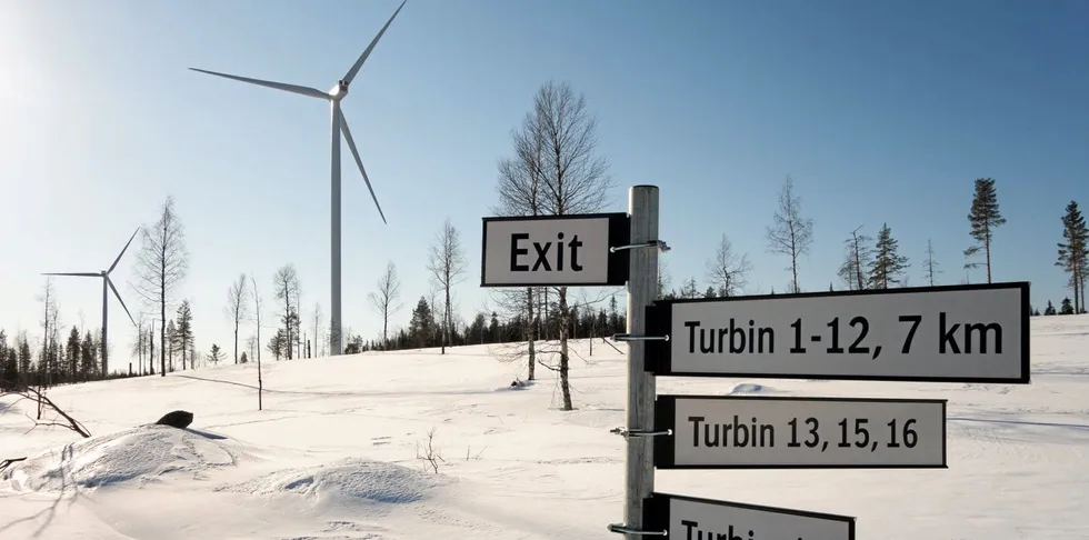 Maevaara wind farm in snowy Sweden with Nordex turbines. Cold weather technology is common in Scandinavia.