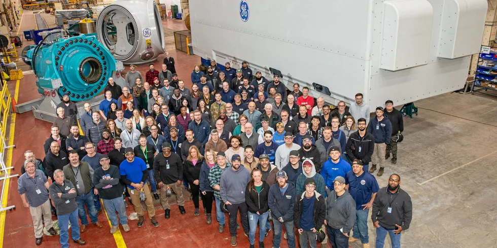GE Vernova 6.1MW turbine nacelle on factory floor in Schenectady, NY.