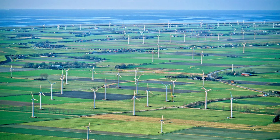 Landscape characterised by wind farms in Germany's Schleswig-Holstein state