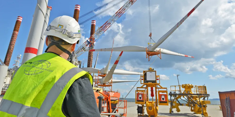 An offshore wind worker in Germany. Some in the US fear the sector there may not have enough ready-made apprentices.