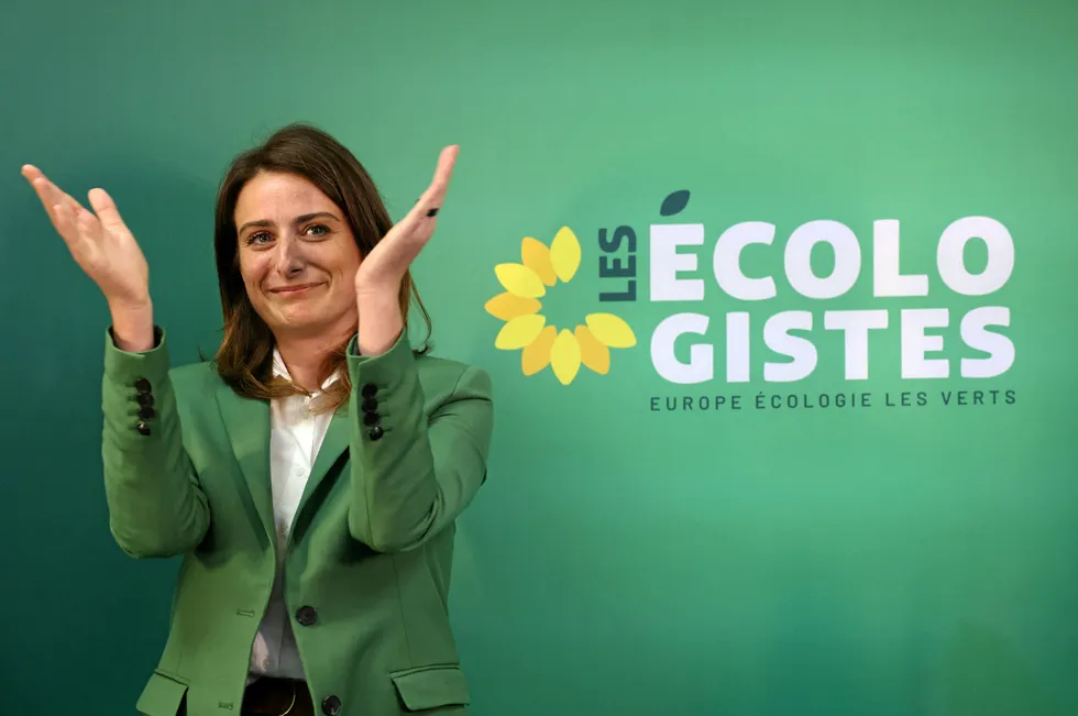 National Secretary of The Ecologists-EELV Marine Tondelier celebrates on stage following the first results of the second round of France's legislative election during the party's election night event in Paris on July 7, 2024.