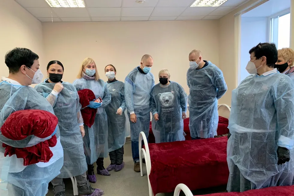 Office treatment: doctors and nurses at the newly converted hospital in the former Arcticgaz head office in Novy Urengoy, Russia