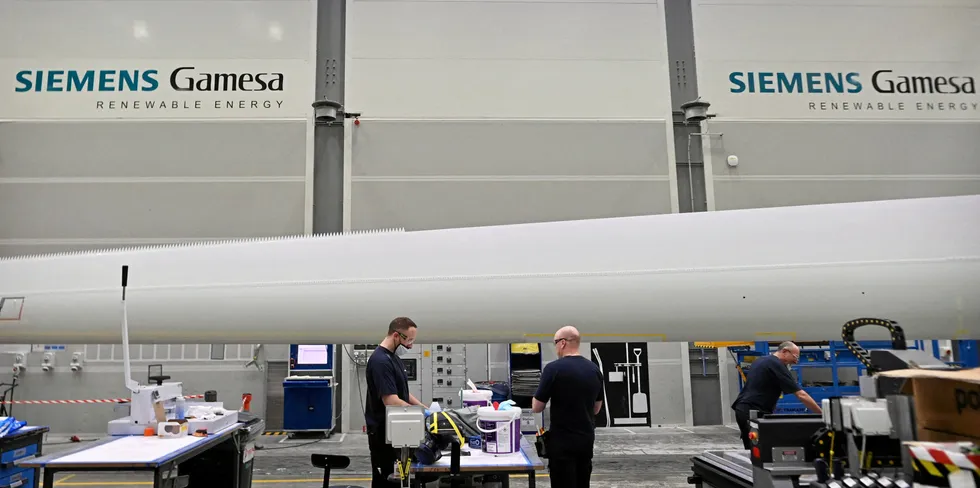 Staff at the Siemens Gamesa plant in Hull, northeast England.