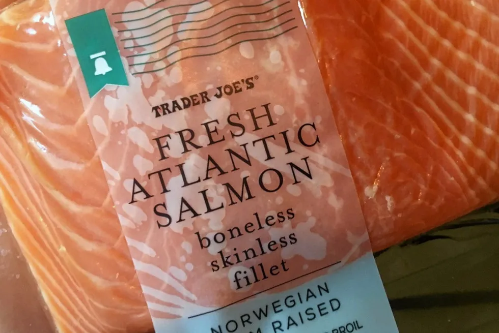 Farmed salmon, seen here on the shelf at US retailer Trader Joe's, has seen steady growth among US consumers in recent years.