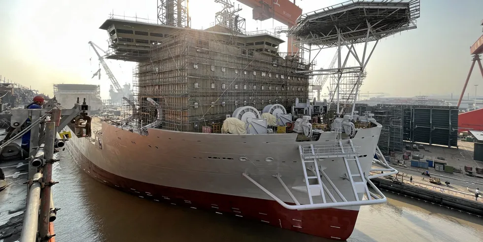 Jan de Nul's Les Alizés floating offshore wind installation vessel at shipyard in China