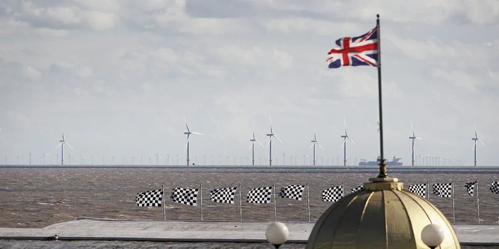 The UK's Gunfleet Sands wind farm, as seen from the town of Clacton-on-Sea