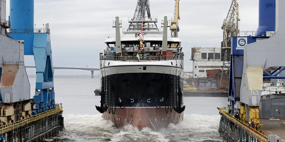Russian Fishery Company supertrawler Captain Martynov gets underway.