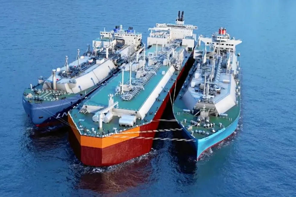 Two liquefied natural gas floating storage units (left and right).