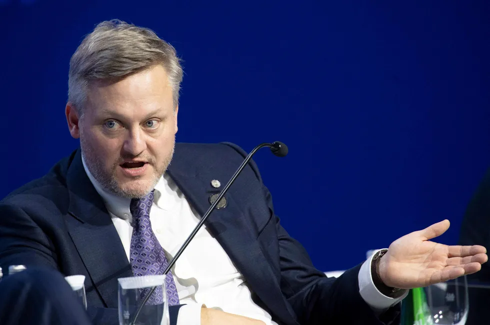 BP chief executive, Murray Auchincloss, speaks at a panel discussion during the Abu Dhabi International Petroleum Exhibition and Conference held at ADNEC Exhibition Center on 2 October 2023.