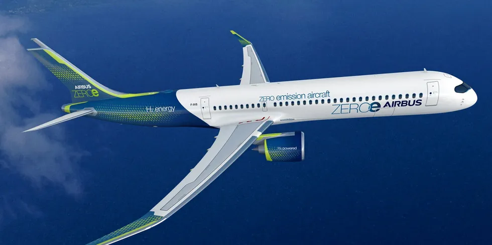 Airbus' design of a turbofan hydrogen-fuelled commercial aircraft.
