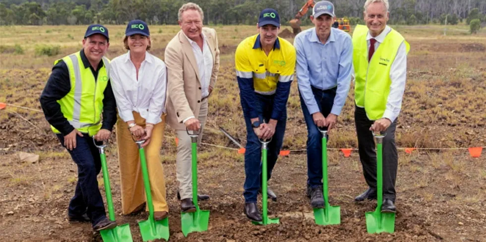 Andrew 'Twiggy' Forrest (third left) with colleagues at the ceremonial dig that marked the start of construction at Fortescue Future Industries' 2GW electrolyser factory in Queensland.