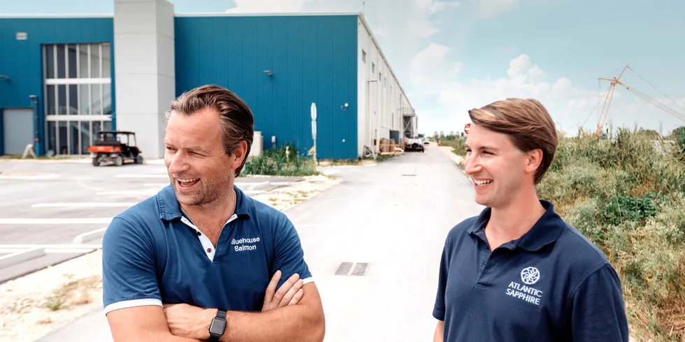 CEO Johan E. Andreassen and CFO Karl Oystein Oyehaug outside Atlantic Sapphire's Florida facility .