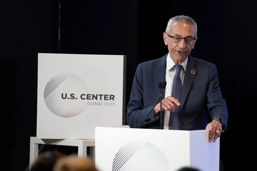 John Podesta, newly named senior adviser to President Joe Biden for international climate policy, speaks at the COP28 summit last December.