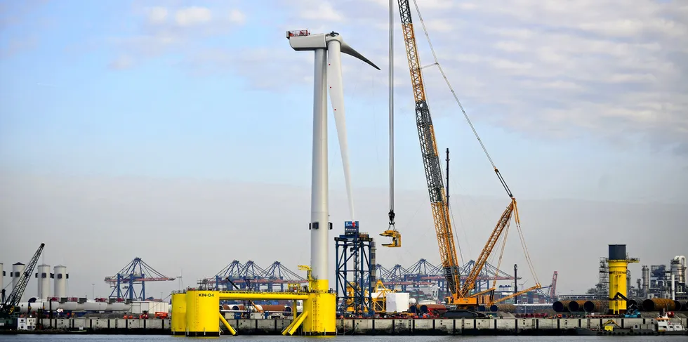 One of the WindFloat units for Cobra's Kincardine project off Scotland being fitted with its rotor blades in the Netherlands
