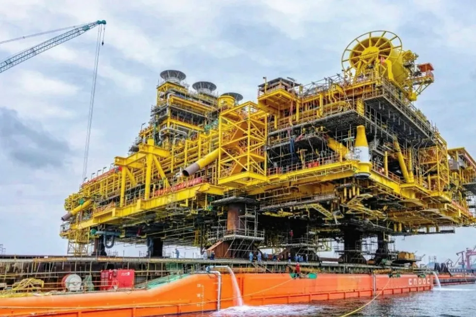On their way: the topsides for Lingshui's deep-water semi-submersible platform are being shipped for hull integration from COOEC's yard in Qingdao