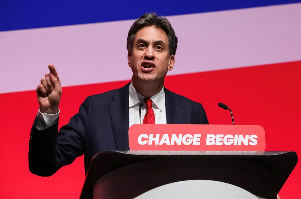 UK Secretary of State for Energy Security & Net Zero Ed Miliband speaks at the Labour Party’s annual conference, in Liverpool on Monday.