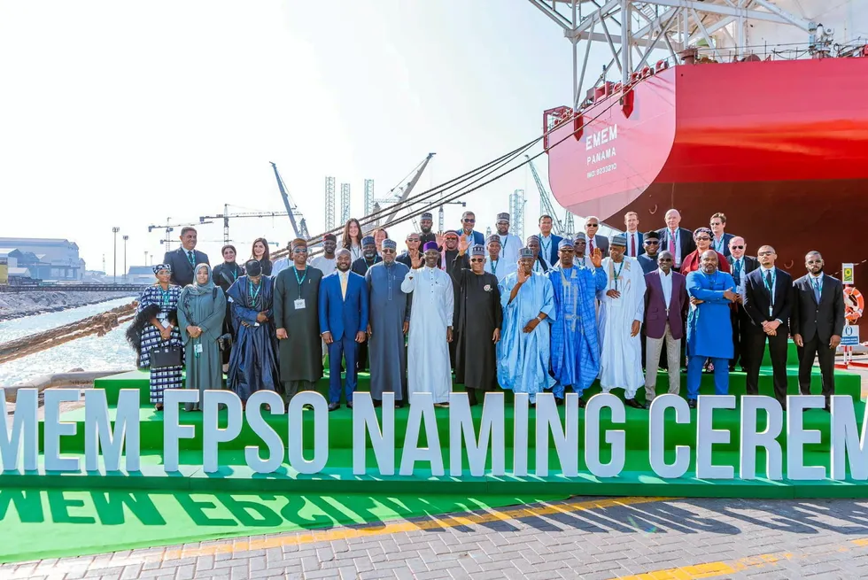 Nigeria Vice President Kashim Shettima (front row, centre) at the naming ceremony of the Emem FPSO destined for Oriental Energy's Okwok field in Nigeria.
