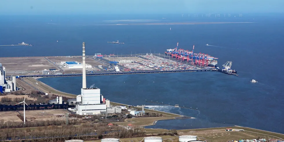 Jade Weser Port at Wilhelmshaven with Uniper coal plant and North Sea in the background