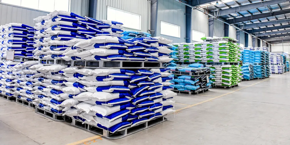 Feed stacked on pallets at BioMar Tongwei's new Wuxi factory.