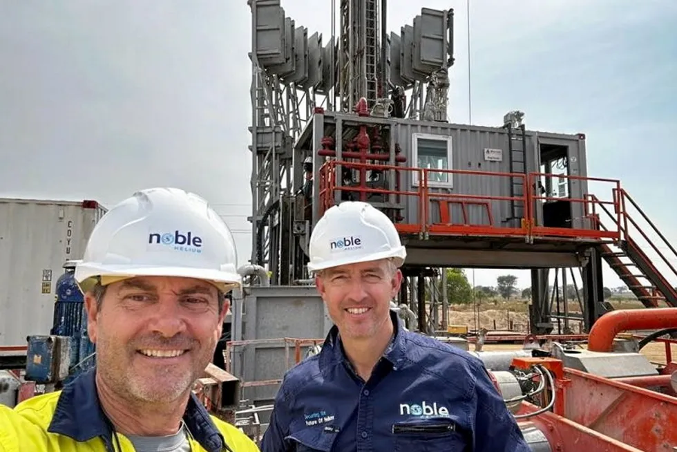 Discovery? Noble Helium chief executive Justyn Wood (left) and exploration manager Ashley Howlett at the site of the Mbelele-1 well in Tanzania in November 2023.