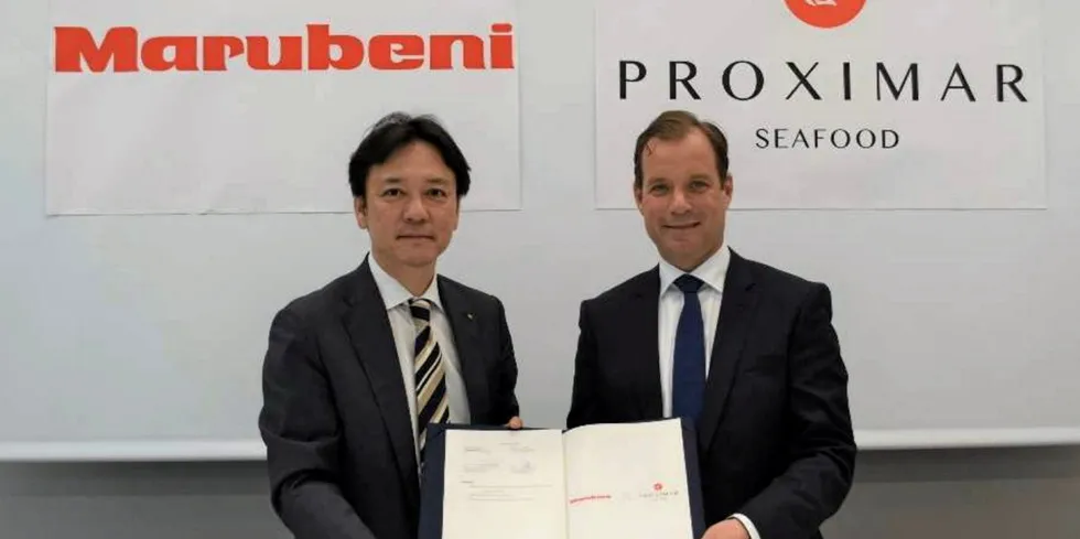 Marubeni General Manager of fresh food Kazunari Nakamura (left) with Proximar Seafood CEO Joachim Nielsen. The sales agreement marks two years of negotiations between the two companies.