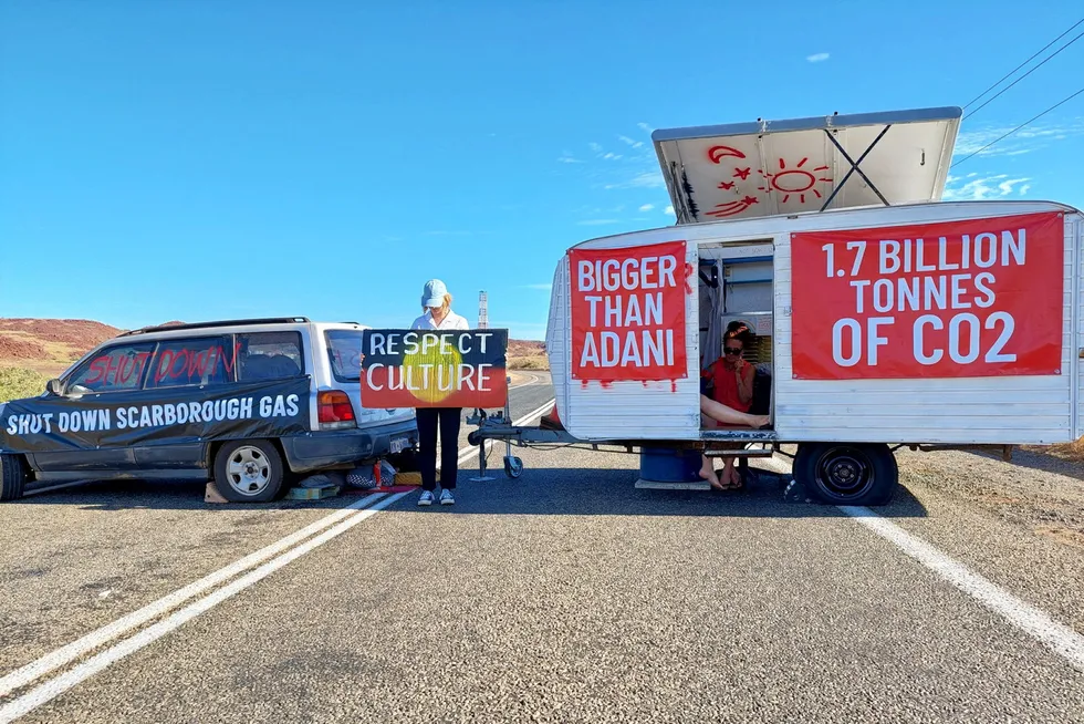 Protest: demonstrators against Woodside's Scarborough gas development at the Burrup Hub, Australia