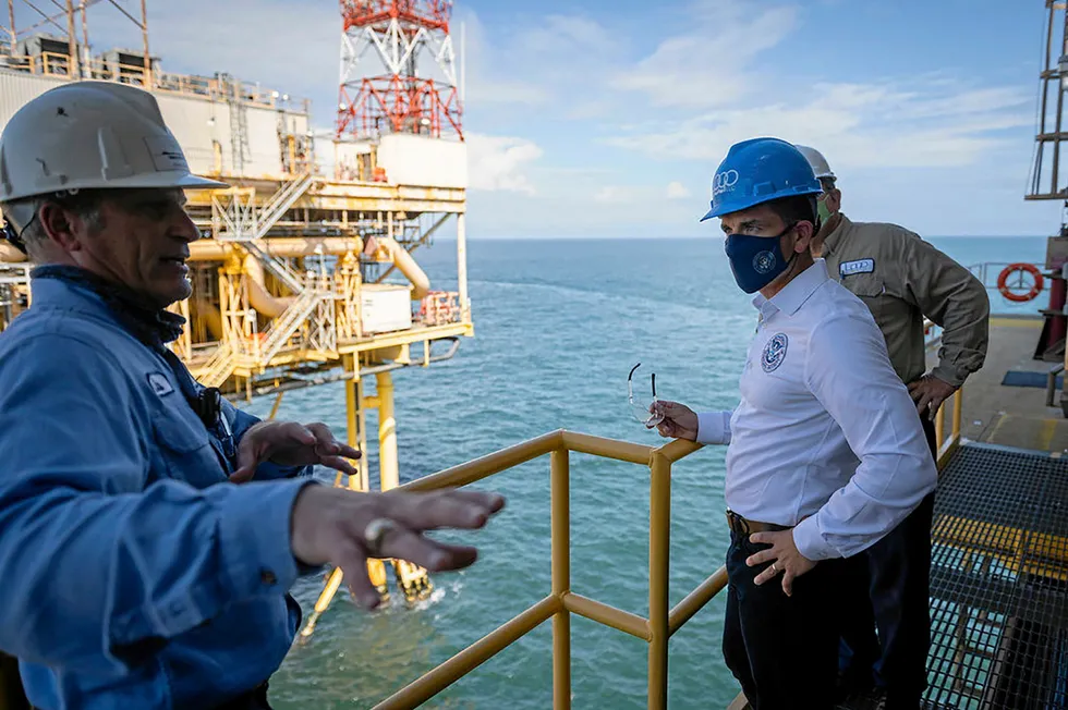 Then-Acting Homeland Security Secretary Chad Wolf, along with senior US Coast Guard leadership, tours a Louisiana Offshore Oil Port Services Marine Terminal Facility near New Orleans, Louisiana, in October 2020.