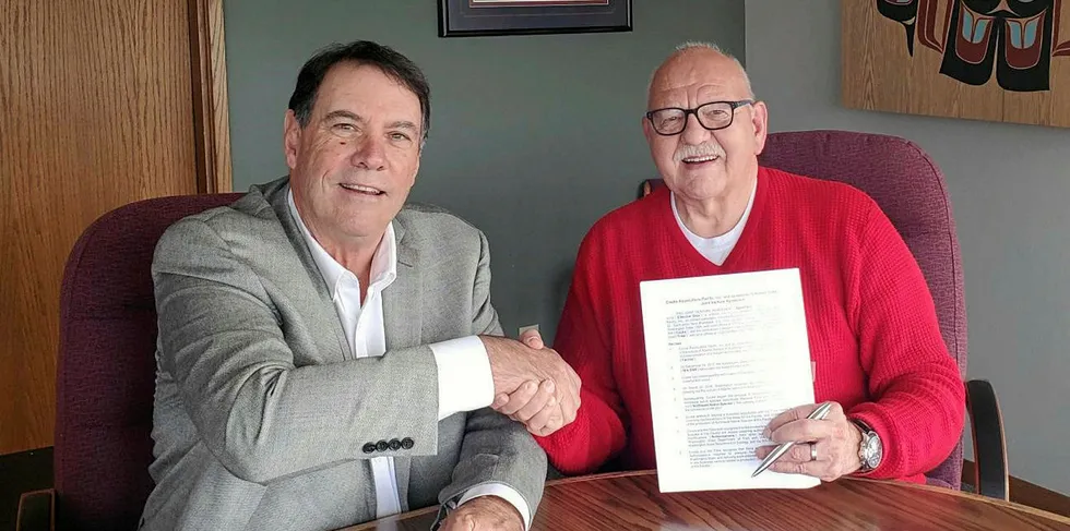From left to right: Jim Parsons, general manager of Cooke Aquaculture Pacific, and Ron Allen, Tribal Council Chair/CEO of the Jamestown S’Klallam Tribe, have signed a partnership agreement.