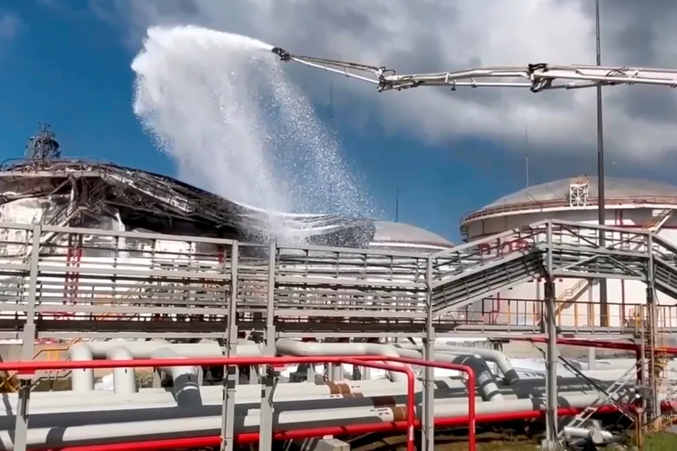 Ablaze: Firefighters tackle a fire at an oil depot in southern Russia’s Krasnodar region, following a drone attack.