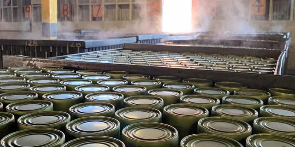 OBI Seafoods has been a primary winner of canned salmon USDA contracts in recent years. Pictured above: canned salmon stored in OBI Seafoods' Larsen Bay facility in Alaska.