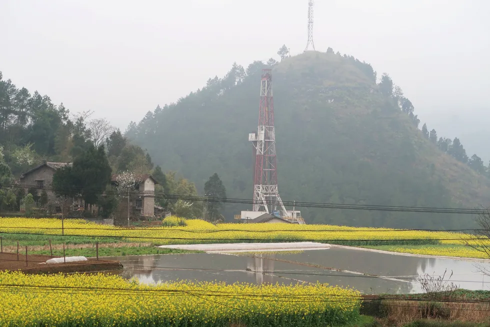 A shale gas drilling rig run by Sinopec is seen in Chongqing, China.