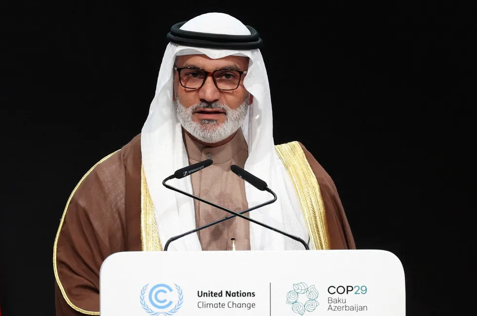 Opec secretary general Haitham Al Ghais delivers a statement at COP29, in Baku, Azerbaijan.