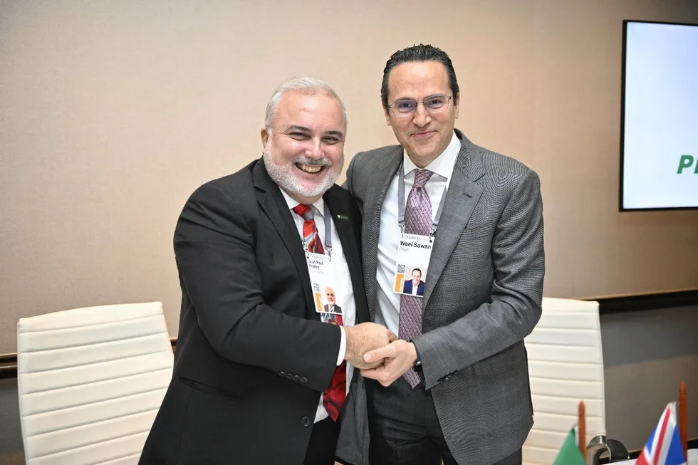 All smiles: Petrobras chief executive Jean Paul Prates (left) and Shell counterpart Wael Sawan.