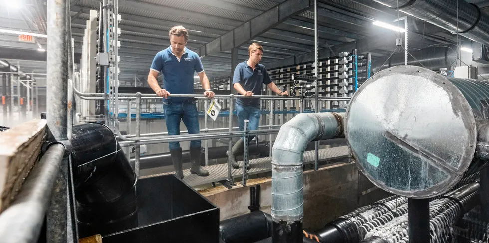 Atlantic Sapphire CEO Johan E. Andreassen (left) and Finance Director Karl Øystein Øyehaug. The land-based salmon farming company got a nice boost from feed producer Skretting last week.