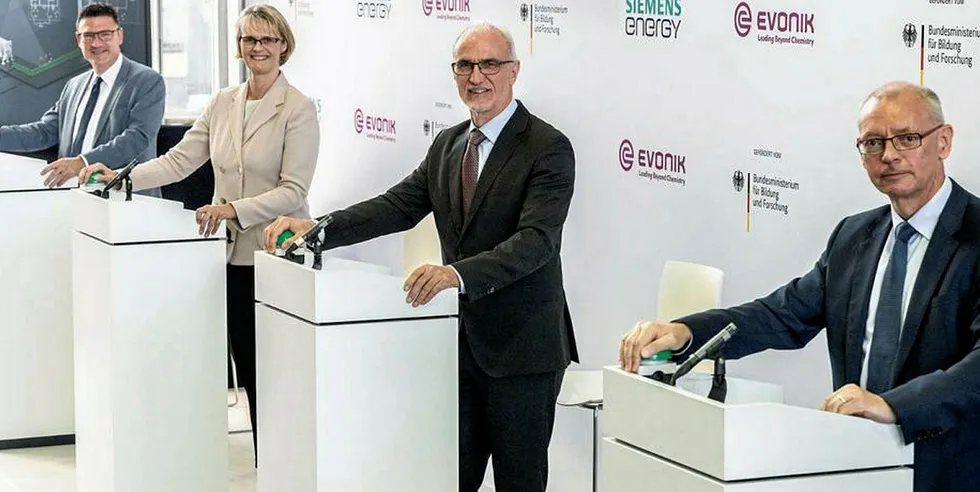 German's green H2 innovation officer Stefan Kaufmann (far left), Anja Karliczek, German education and research minister, Harald Schwager, Evonik deputy chairman, and Amin Schnettler, Siemens Energy vice president