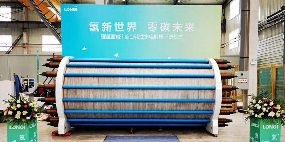 An alkaline hydrogen electrolyser manufactured by Chinese OEM Longi, which plans to export its machines to the US and Europe.