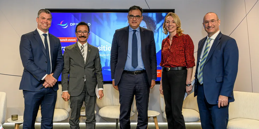 The Trade in Transition study presented at the World Economic Forum in Davos. L-R; John Ferguson, principal lead - new globalization, Economist Impact; Sultan Ahmed Bin Sulayem, DP World Group chairman and CEO; Sarquis J.B. Sarquis, secretary of foreign trade and economic affairs, Brazil; Hanneke Faber, president of nutrition, Unilever and Eric Loeb, chair, US Council for International Business