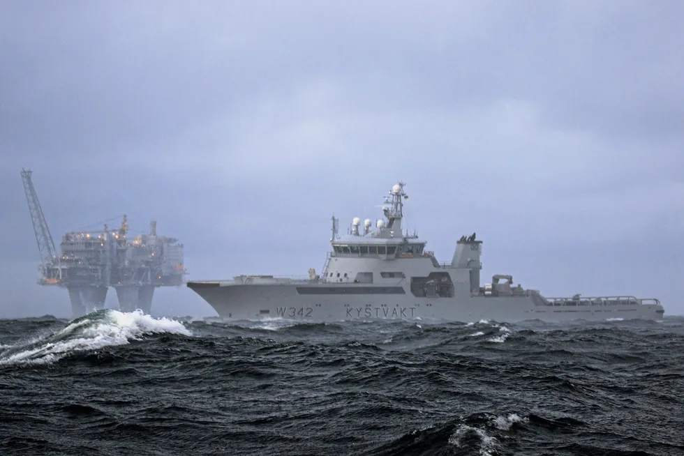 On patrol: the Norwegian Coast Guard vessel Sortland near the offshore platform Troll A.
