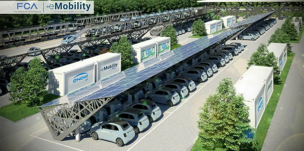 Computer-generated image of the first phase of Fiat/Engie's 25MW V2G project in Turin, Italy.