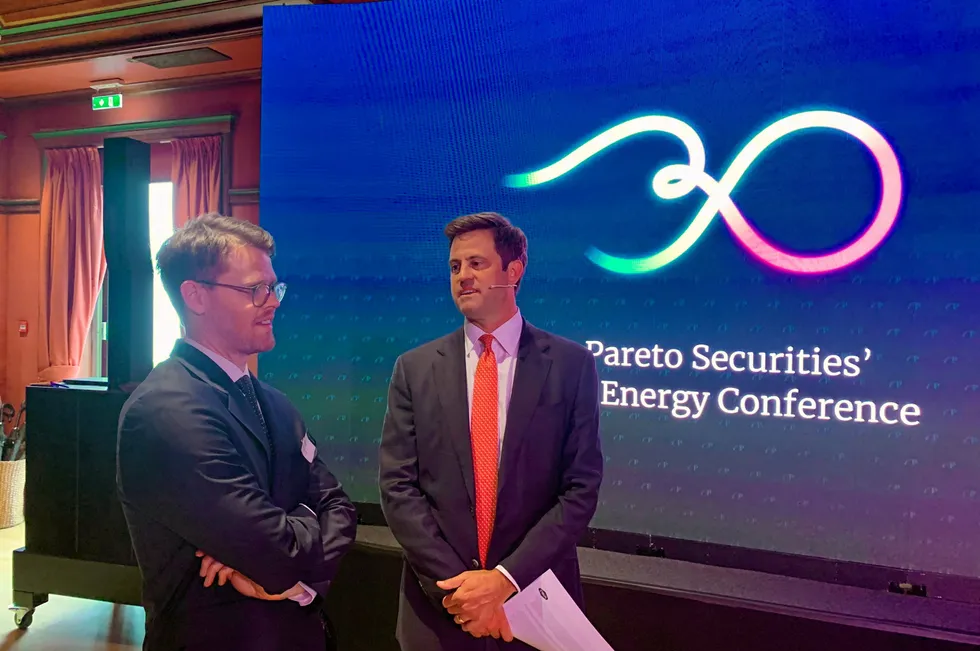 Pareto Securities analyst Baard Rosef and Noble chief executive Robert Eifler.