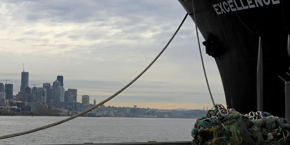 Alaska pollock fishing vessels docked at the Port of Seattle in December 2019.