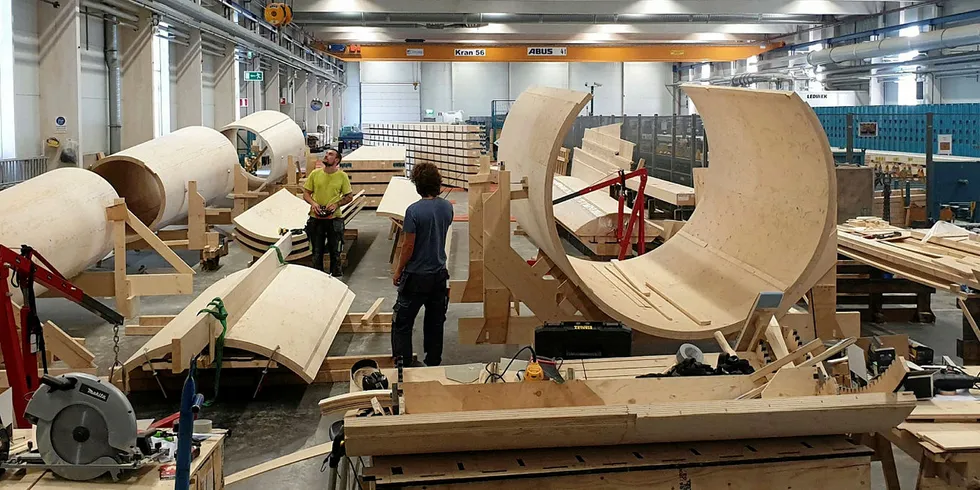 Modvion wind turbine tower manufacturing from wood