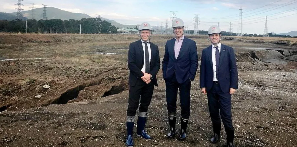 Proximar CEO Joachim Nielsen (right) expects "a pivotal year" for the company at its land-based salmon farm in the foothills of Mount Fuji.