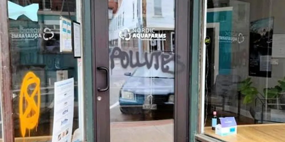 Land-based salmon farmer Nordic Aquafarms' Belfast, Maine offices were defaced by vandals on May 23.