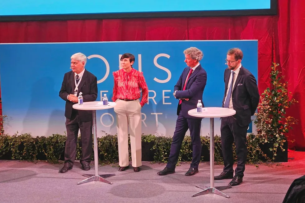 Politics in focus: Narendra Taneja from the Indian Energy Policy Institute; Ine Marie Eriksen Soreide, chair of the Standing Committee on Foreign Affairs and Defence; Benedikt Franke, chief executive of Munich Security Conference; and Amund Vik, senior adviser at Eurasia group, speaking at ONS 2024 in Stavanger, Norway, on Monday.