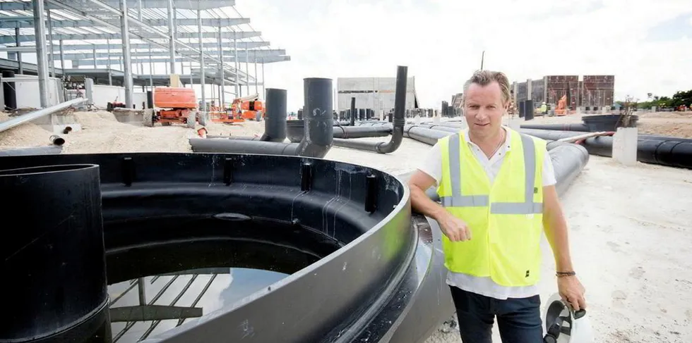 Johan Andreassen, Chairman and CEO of land-based salmon farming firm Atlantic Sapphire, at the construction side for the company's Miami-based "Bluehouse."