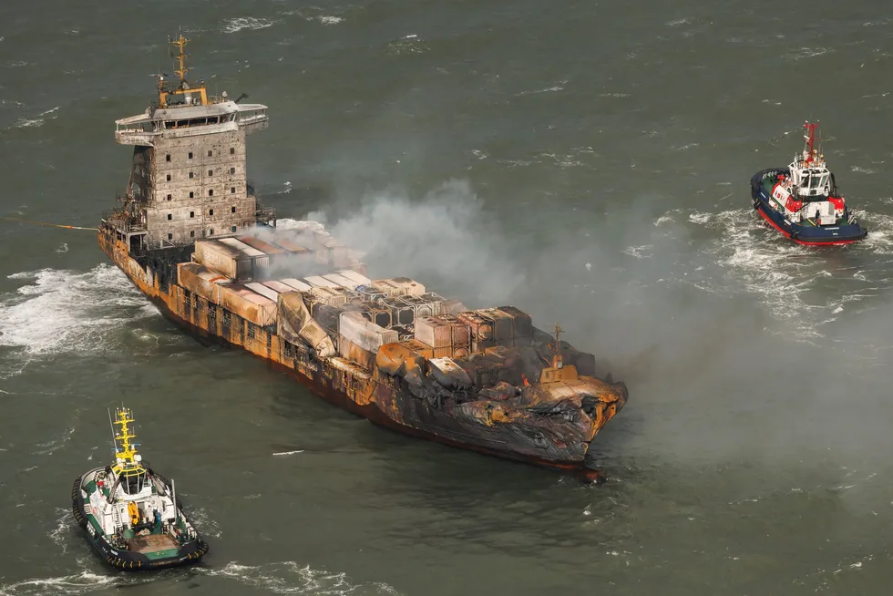 Smoke billows from the Solong cargo ship in the North Sea, off the Yorkshire coast, on Tuesday.