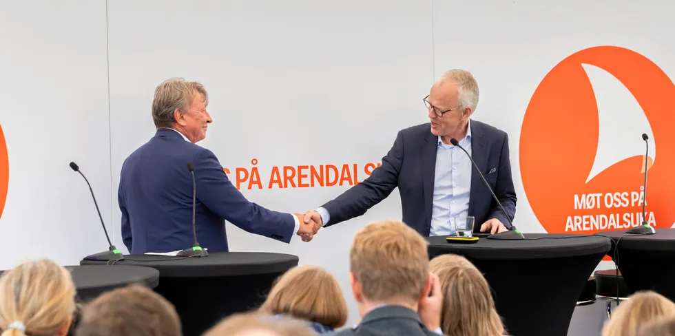 Tor Ove Horstad, head of Hydro Rein (L) and Ole Wilhelm Meyer, CEO of The Norwegian Chuch Endowment (OVF)