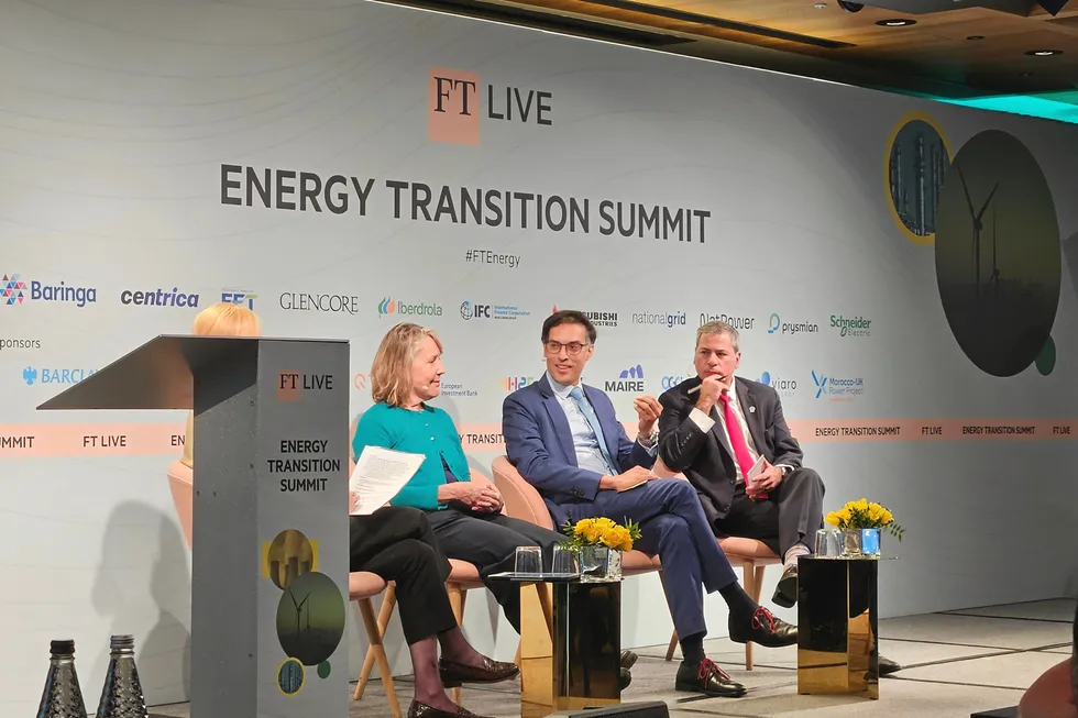 Kunal Chandra (centre), group director, strategy and sustainability, at German energy group RWE, and Jason Bordoff, (right), founding director of the Center on Global Energy Policy at Columbia University, at a panel discussion in London on 23 October 2024.